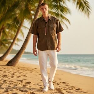 Surplus Raw Vintage Men's Washed Brown Cotton Short Sleeve Button Up Shirt XXL